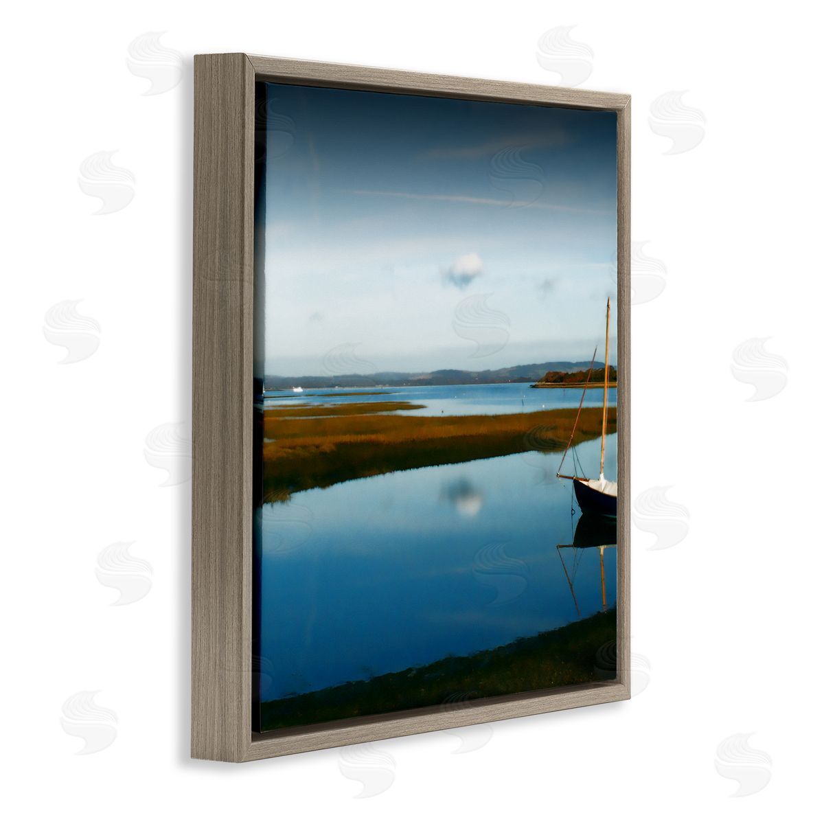 Noah Bay Dreamy Boat Floating Cloud Reflection Grassy Shore Brown Floating Frame Canvas Wall Art Print