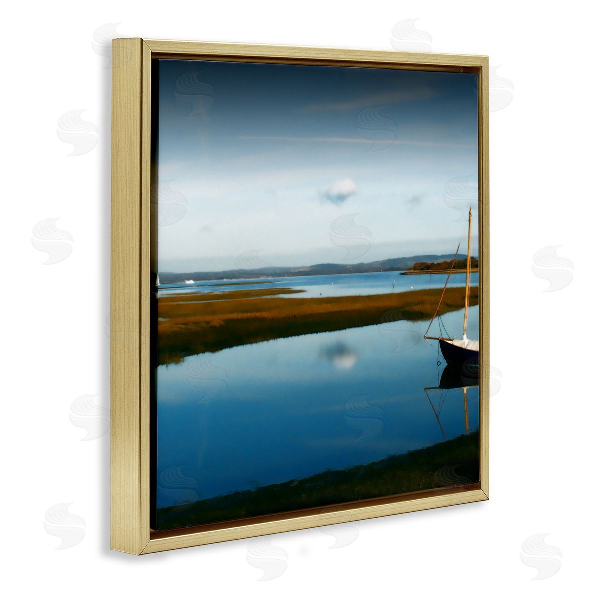 Noah Bay Dreamy Boat Floating Cloud Reflection Grassy Shore Gold Floating Frame Canvas Wall Art Print