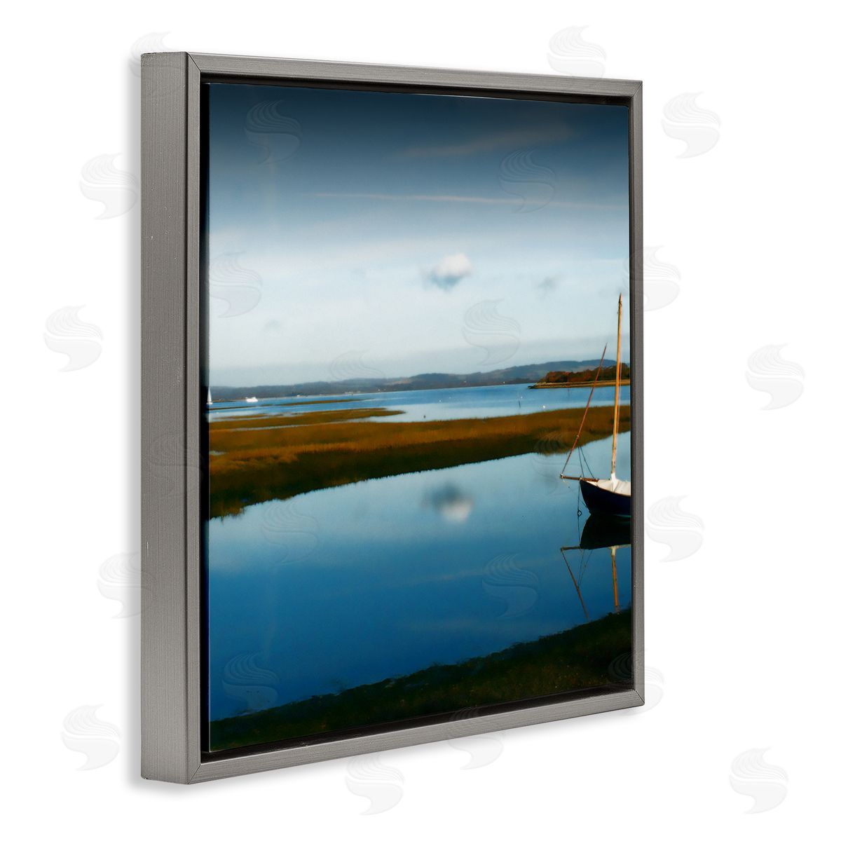 Noah Bay Dreamy Boat Floating Cloud Reflection Grassy Shore Gray Floating Frame Canvas Wall Art Print