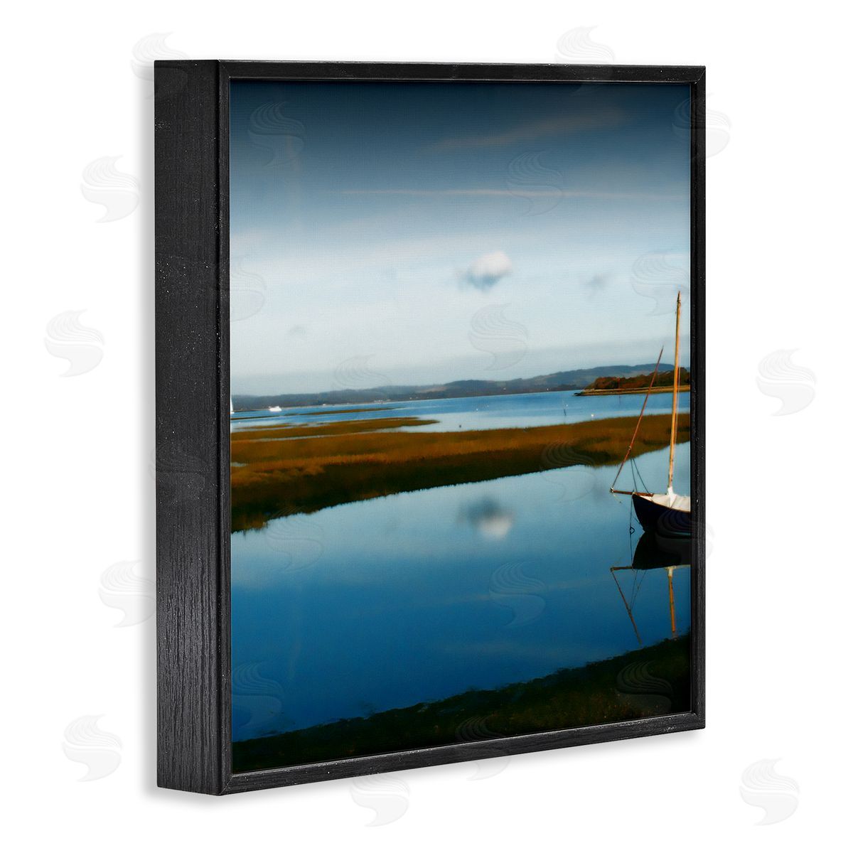 Noah Bay Dreamy Boat Floating Cloud Reflection Grassy Shore Black Framed Glicee Wall Art Print