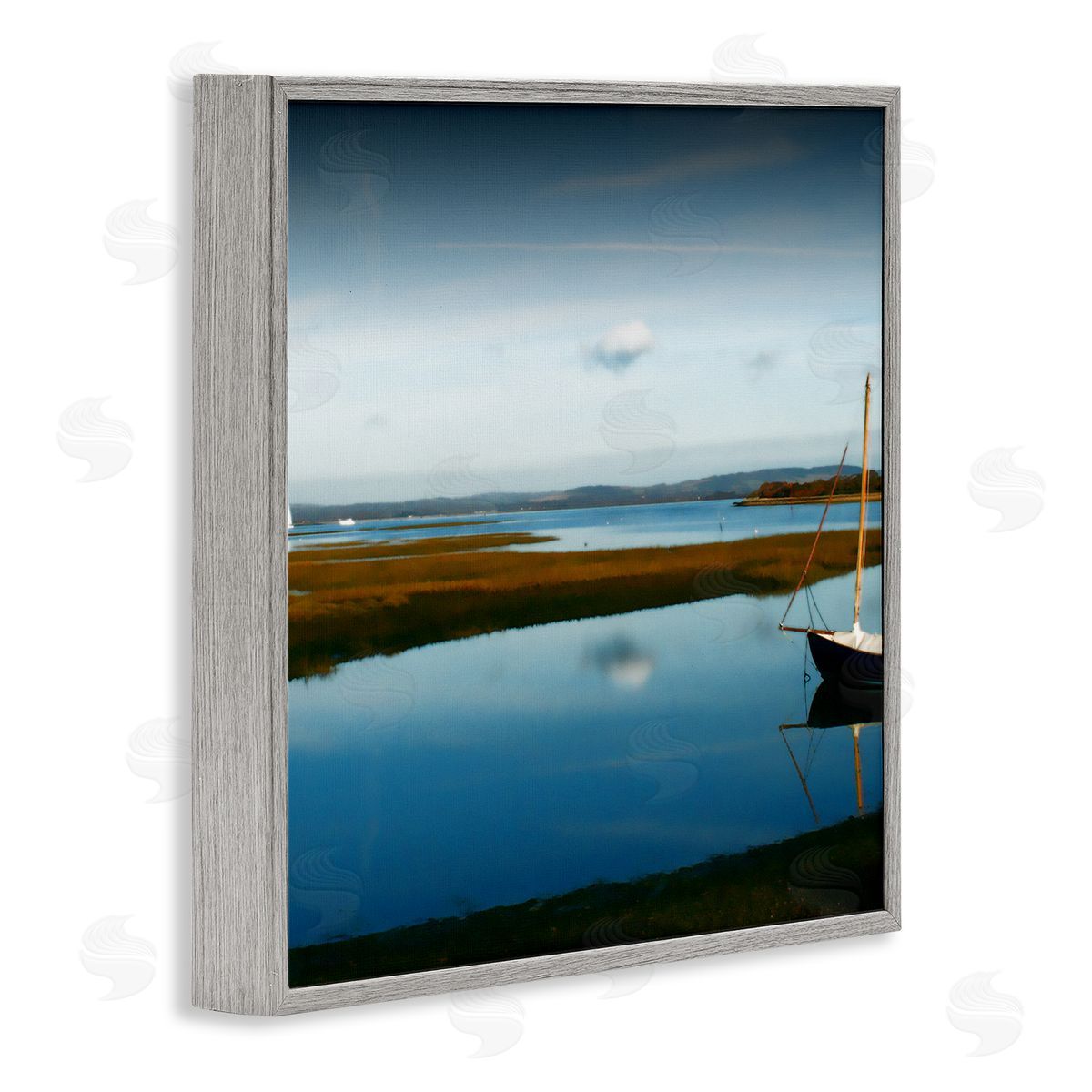 Noah Bay Dreamy Boat Floating Cloud Reflection Grassy Shore Gray Framed Glicee Wall Art Print