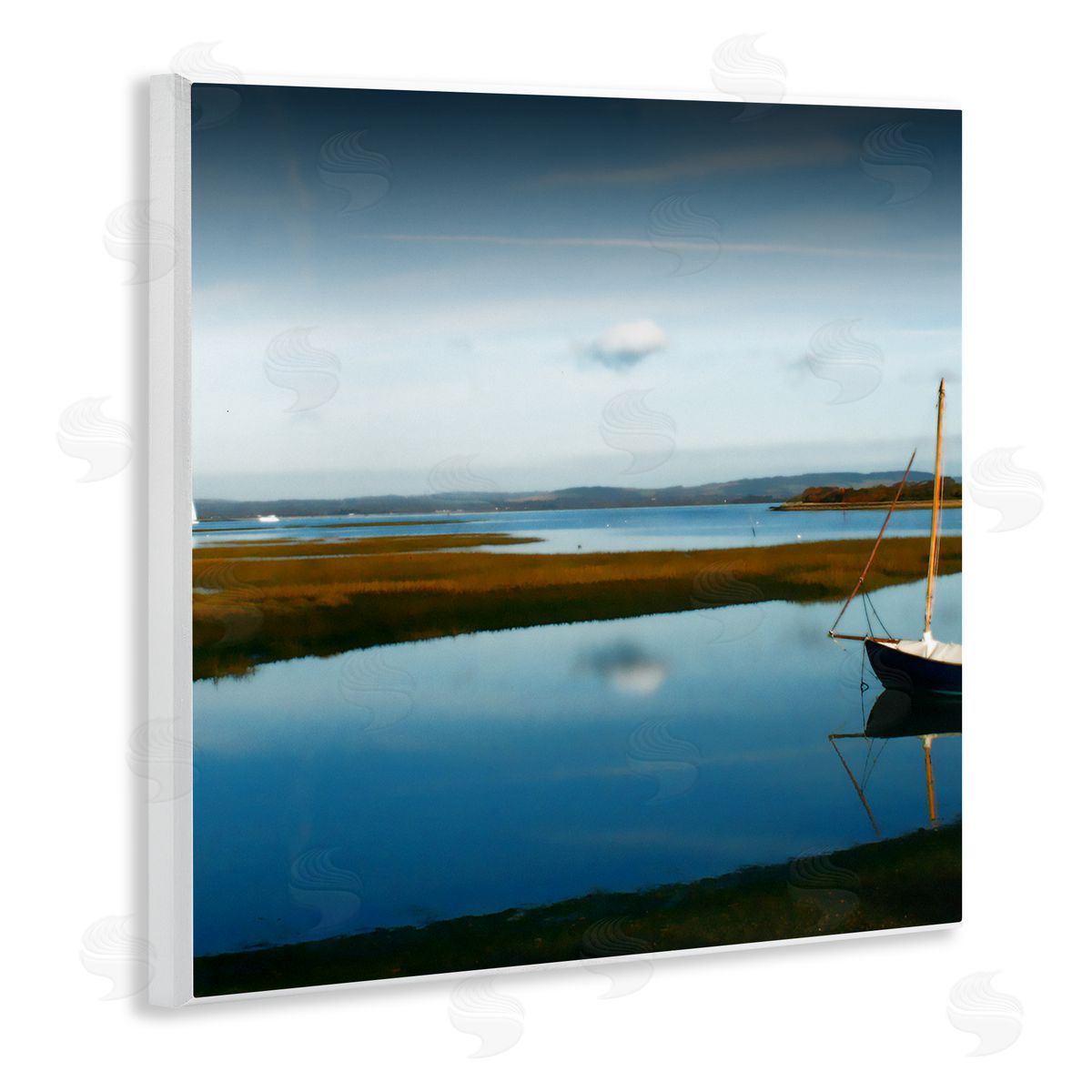 Noah Bay Dreamy Boat Floating Cloud Reflection Grassy Shore Wooden Wall Plaque Art Print