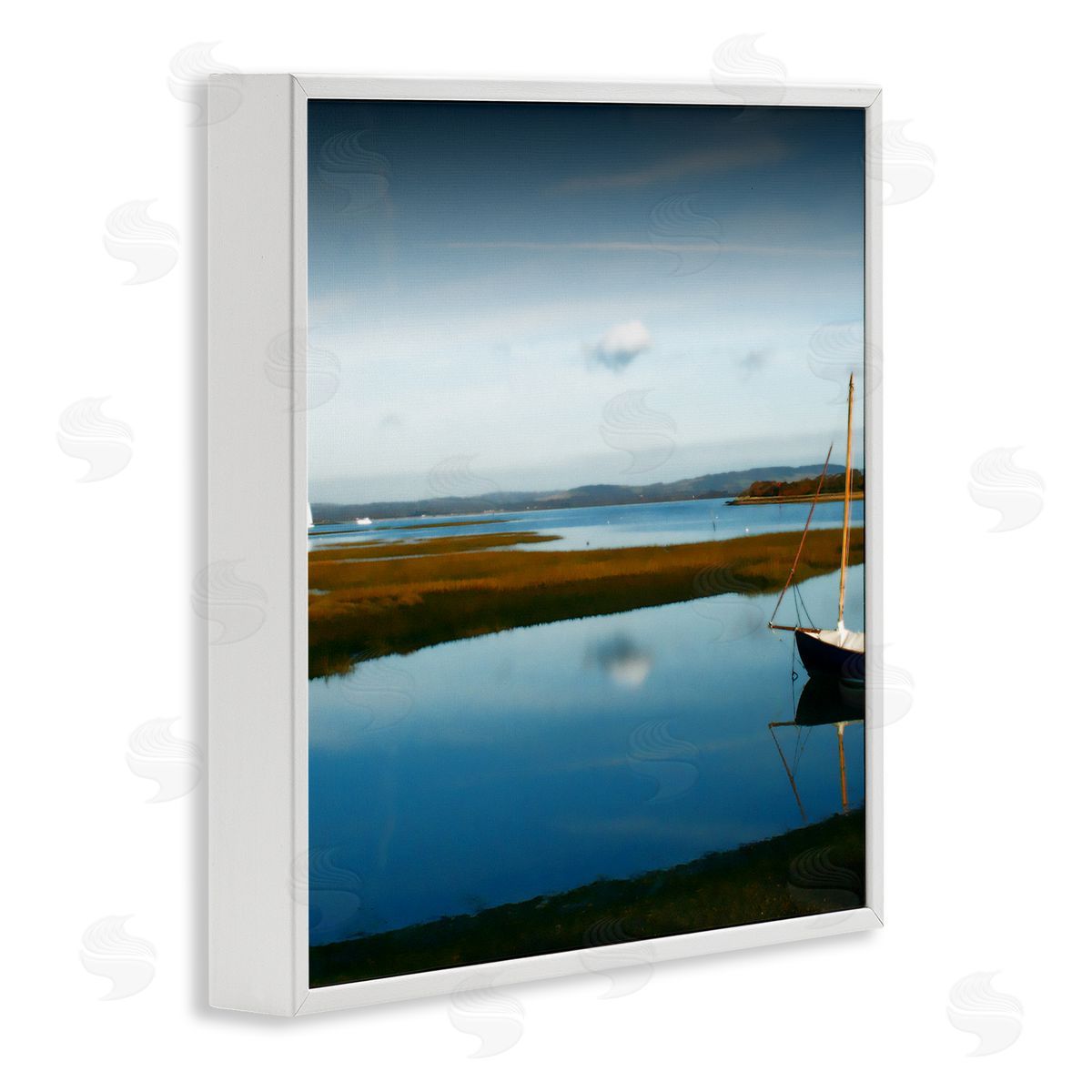 Noah Bay Dreamy Boat Floating Cloud Reflection Grassy Shore White Framed Glicee Wall Art Print