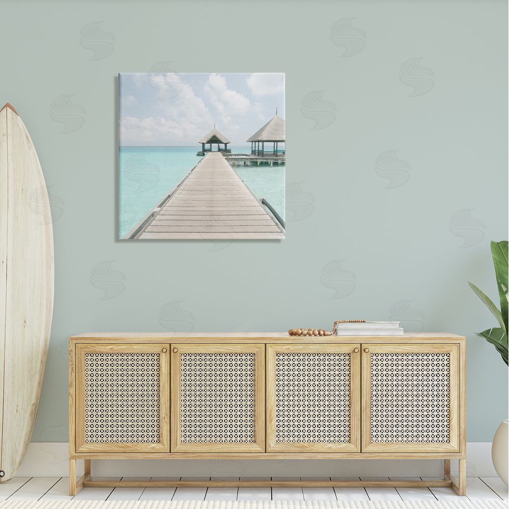 Noah Bay Beautiful Turquoise Water Ocean Pier Cloudy Sky Canvas Wall Art in Room