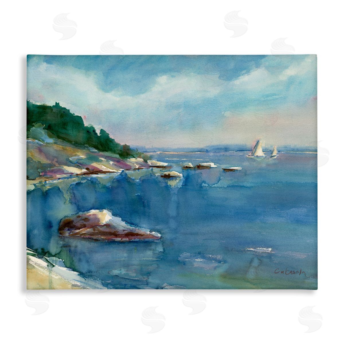Stephen Calcasola Boats Floating Rocky Beach Cliffs Watercolor Detail Stretched Canvas Wall Art Print