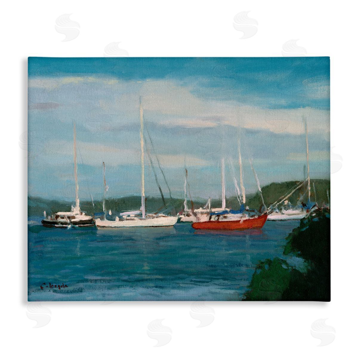 Stephen Calcasola Sailboat Fleet Afloat Ocean Water Distant Hills Stretched Canvas Wall Art Print