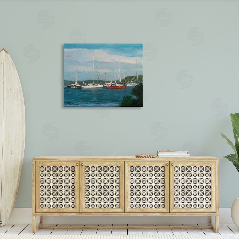 Stephen Calcasola Sailboat Fleet Afloat Ocean Water Distant Hills Canvas Wall Art Print in Room