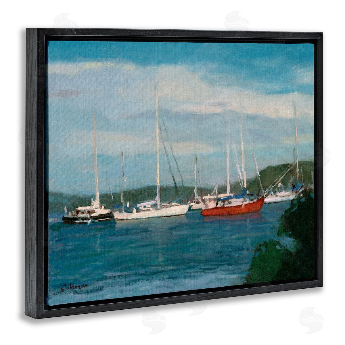 Stephen Calcasola Sailboat Fleet Afloat Ocean Water Distant Hills Black Floating Frame Canvas Wall Art Print