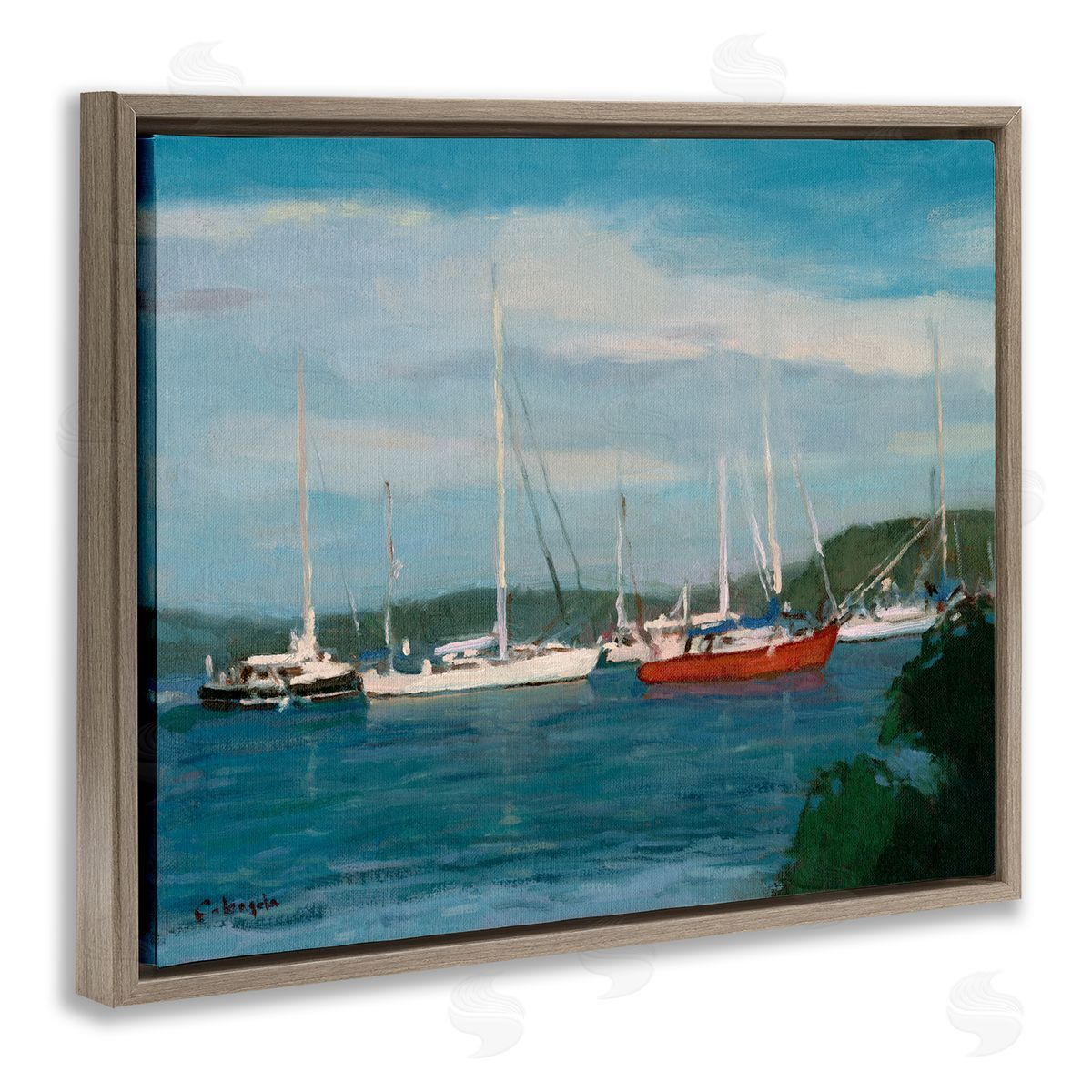 Stephen Calcasola Sailboat Fleet Afloat Ocean Water Distant Hills Brown Floating Frame Canvas Wall Art Print