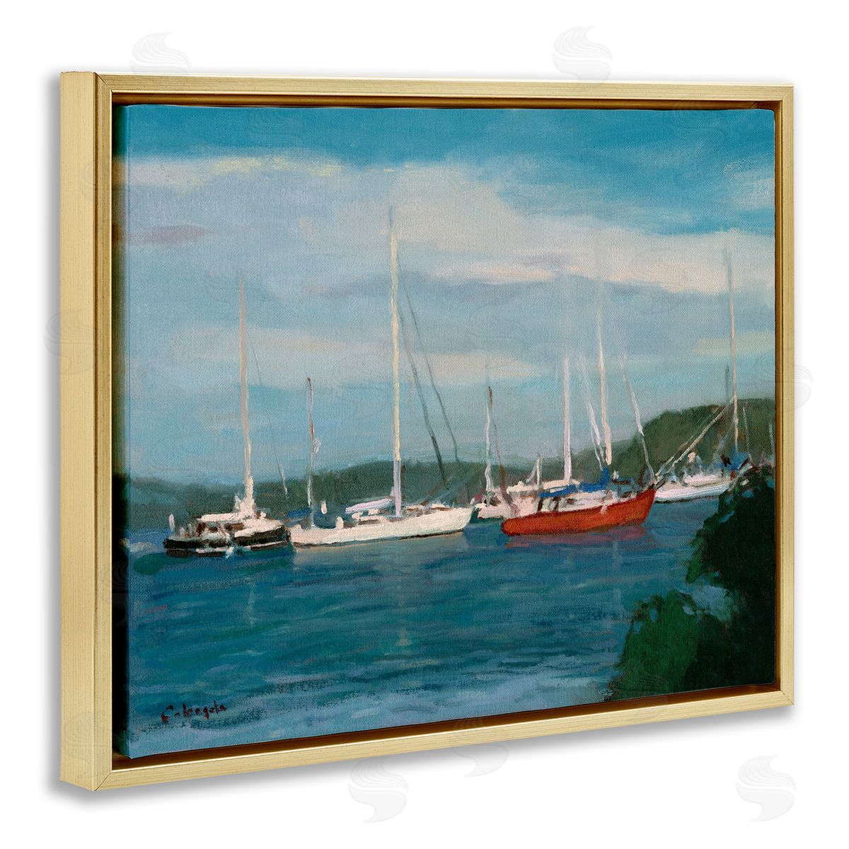 Stephen Calcasola Sailboat Fleet Afloat Ocean Water Distant Hills Gold Floating Frame Canvas Wall Art Print
