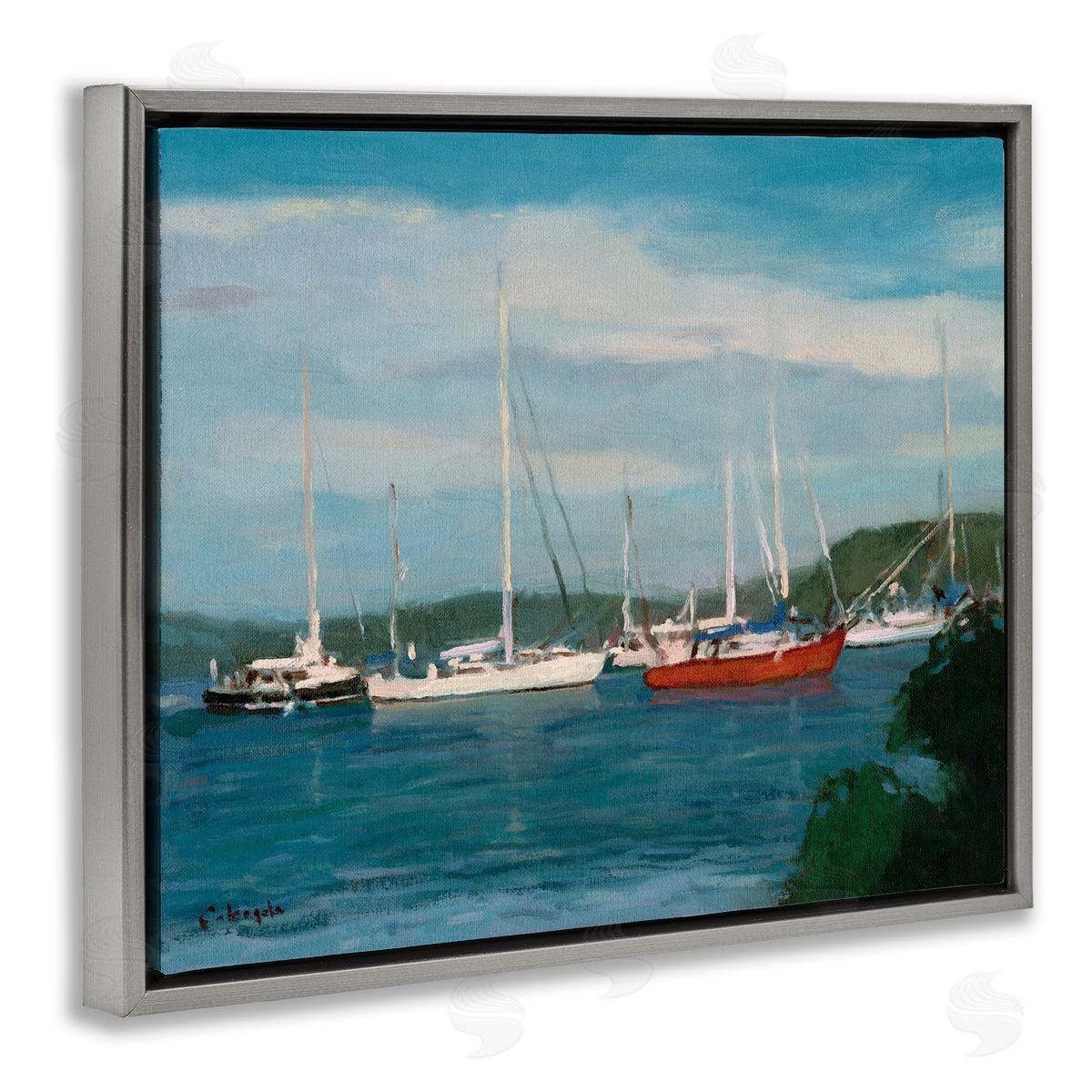 Stephen Calcasola Sailboat Fleet Afloat Ocean Water Distant Hills Gray Floating Frame Canvas Wall Art Print