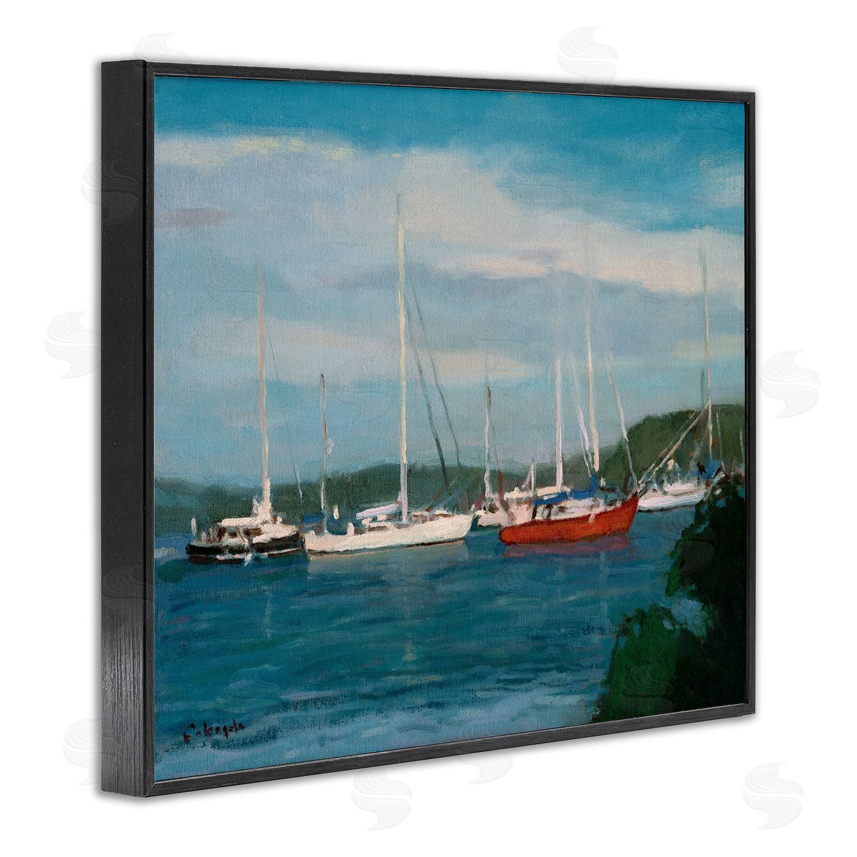 Stephen Calcasola Sailboat Fleet Afloat Ocean Water Distant Hills Black Framed Giclee Wall Art Print