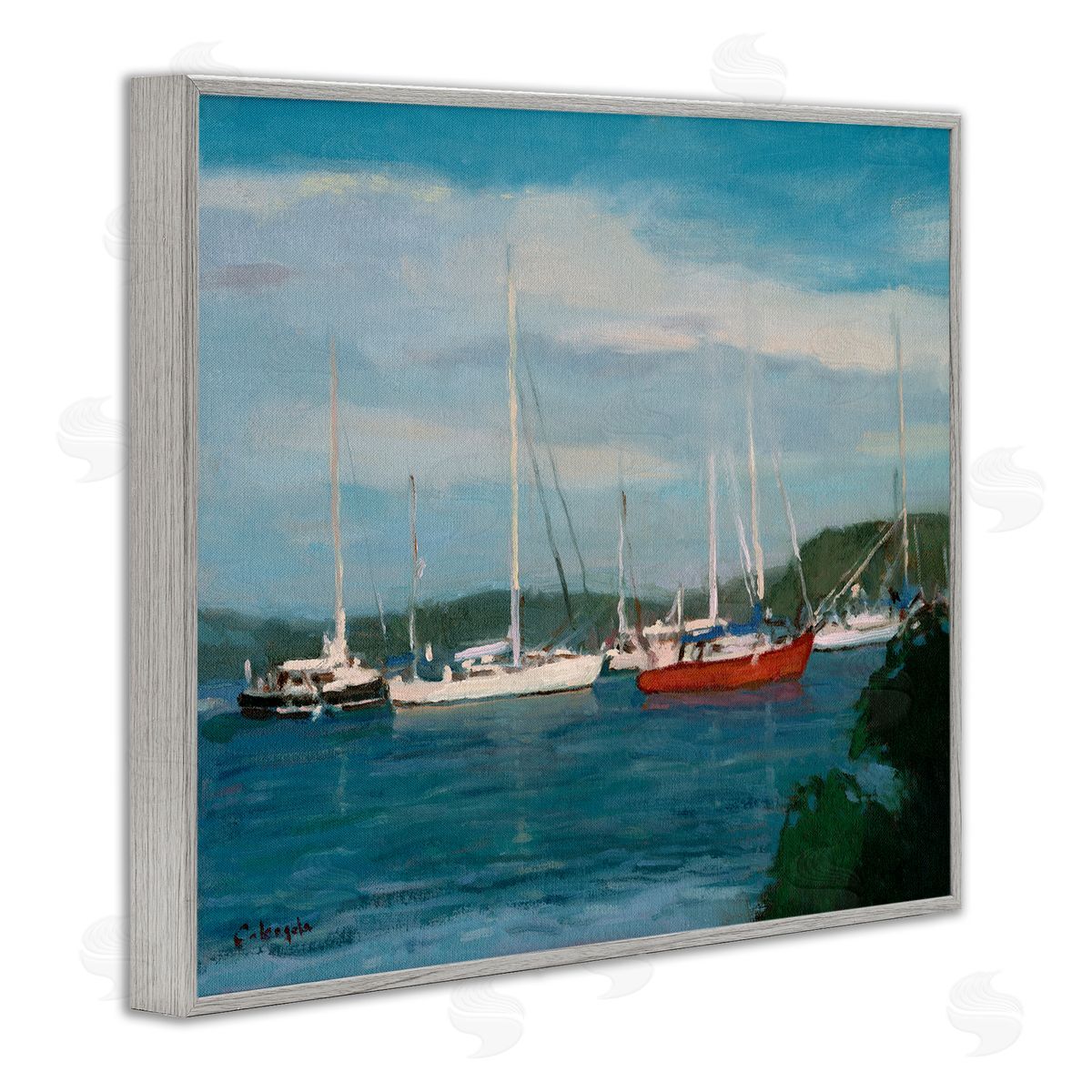 Stephen Calcasola Sailboat Fleet Afloat Ocean Water Distant Hills Gray Framed Giclee Wall Art Print