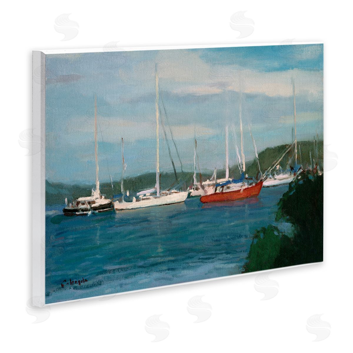 Stephen Calcasola Sailboat Fleet Afloat Ocean Water Distant Hills Wall Plaque Art Print