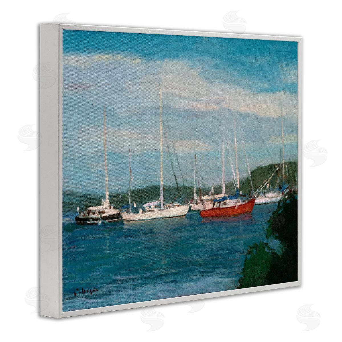 Stephen Calcasola Sailboat Fleet Afloat Ocean Water Distant Hills White Framed Giclee Wall Art Print