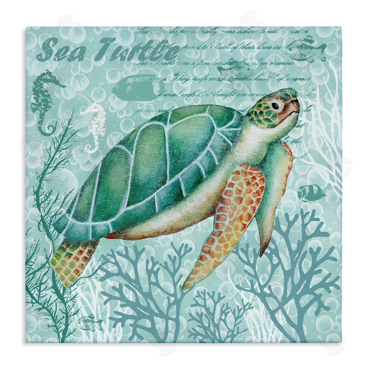 Emma Leach Sea Turtle Detailed Coral Silhouettes Fancy Script Stretched Canvas Wall Art Print
