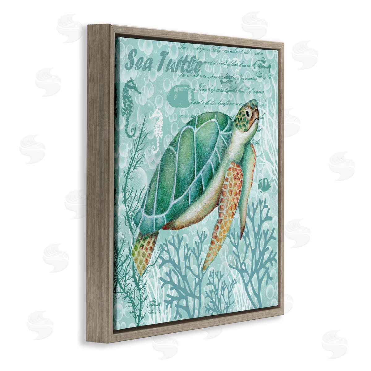 Emma Leach Sea Turtle Detailed Coral Silhouettes Fancy Script Brown Floating Frame Canvas Wall Art Print