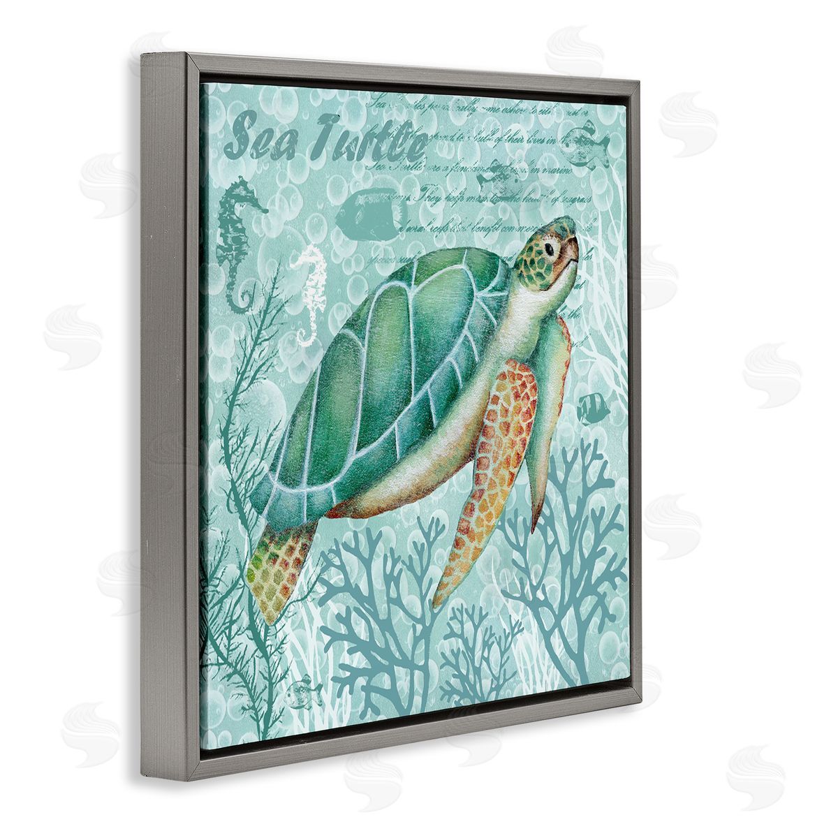 Emma Leach Sea Turtle Detailed Coral Silhouettes Fancy Script Gray Floating Frame Canvas Wall Art Print