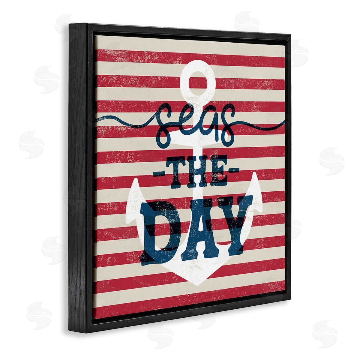 Stupell Studio Seas The Day Americana Anchor & Flag Phrase  Black Floating Frame Canvas Wall Art Print