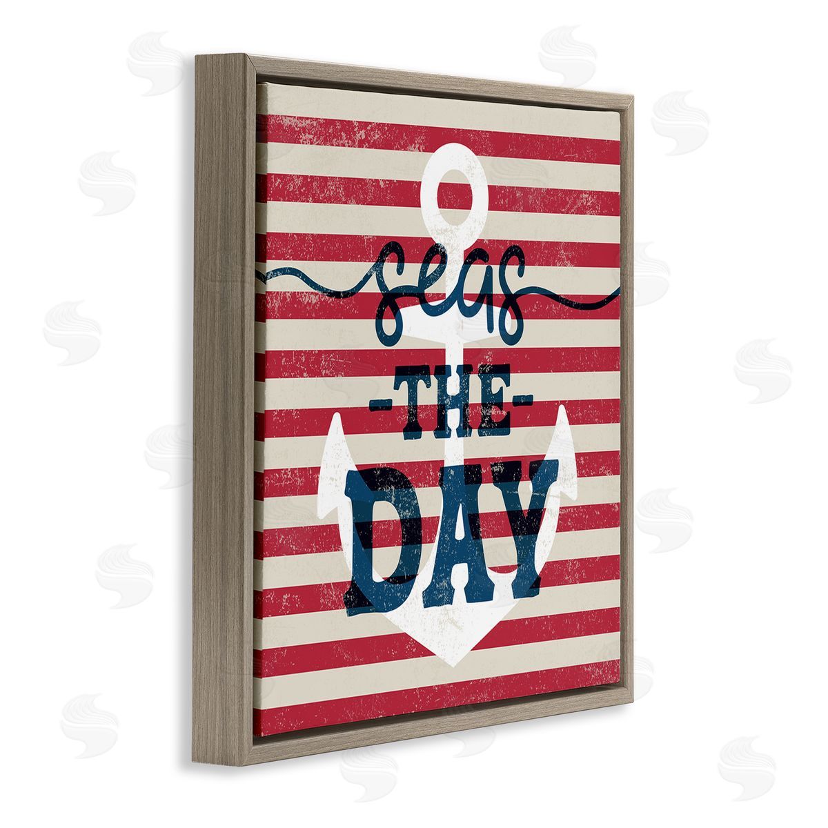 Stupell Studio Seas The Day Americana Anchor & Flag Phrase  Brown Floating Frame Canvas Wall Art Print