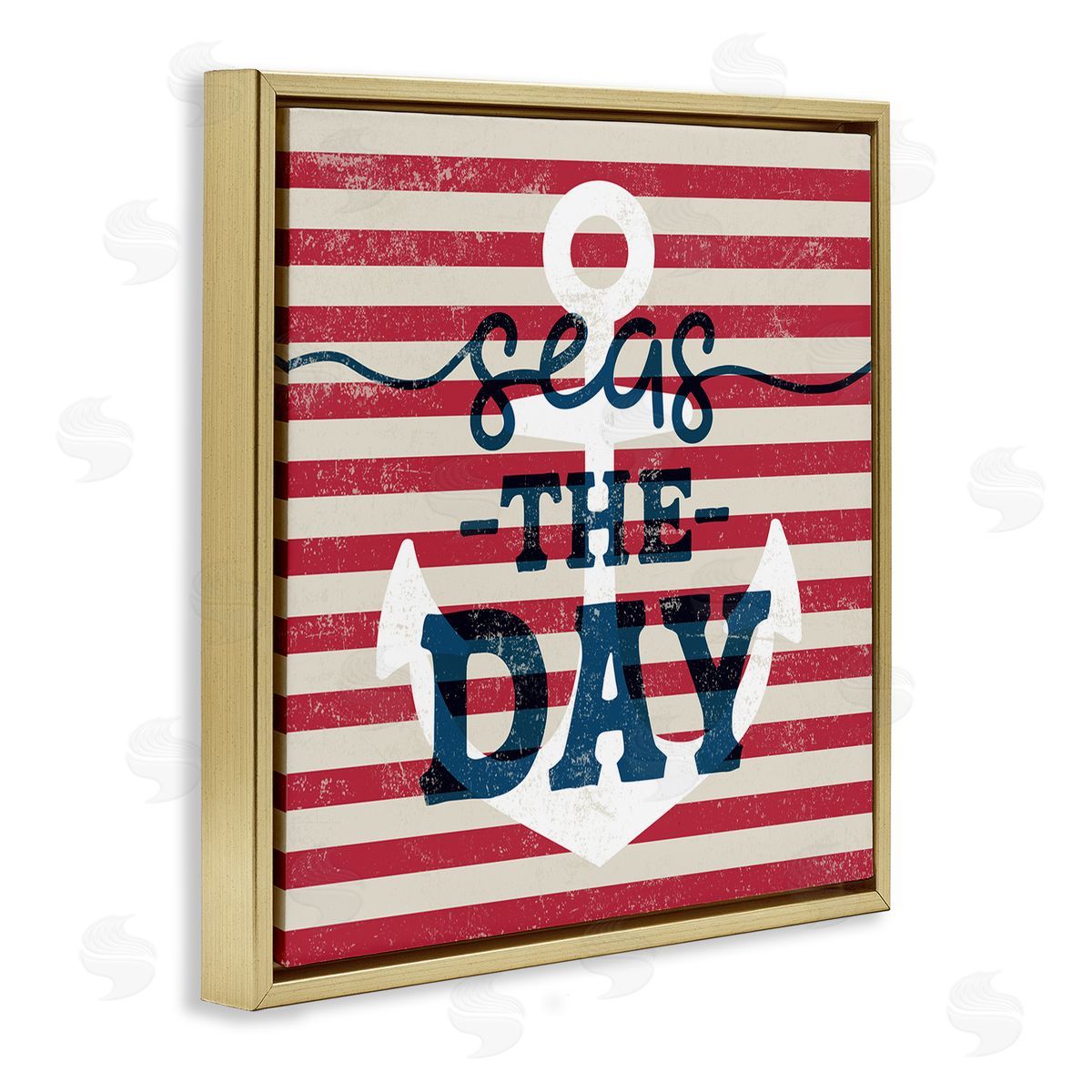 Stupell Studio Seas The Day Americana Anchor & Flag Phrase  Gold Floating Frame Canvas Wall Art Print