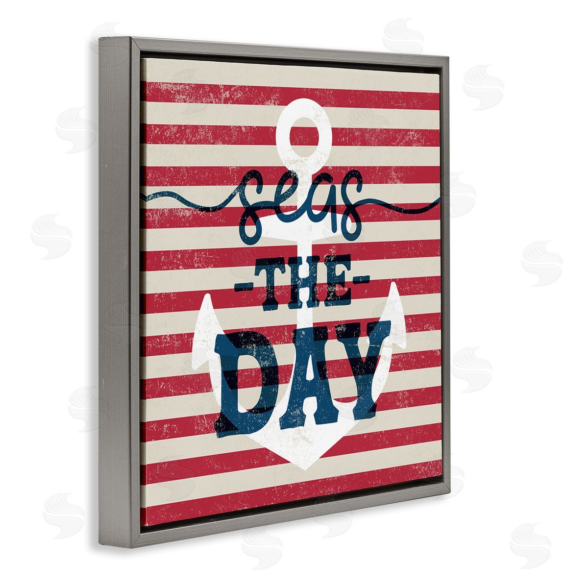 Stupell Studio Seas The Day Americana Anchor & Flag Phrase  Gray Floating Frame Canvas Wall Art Print