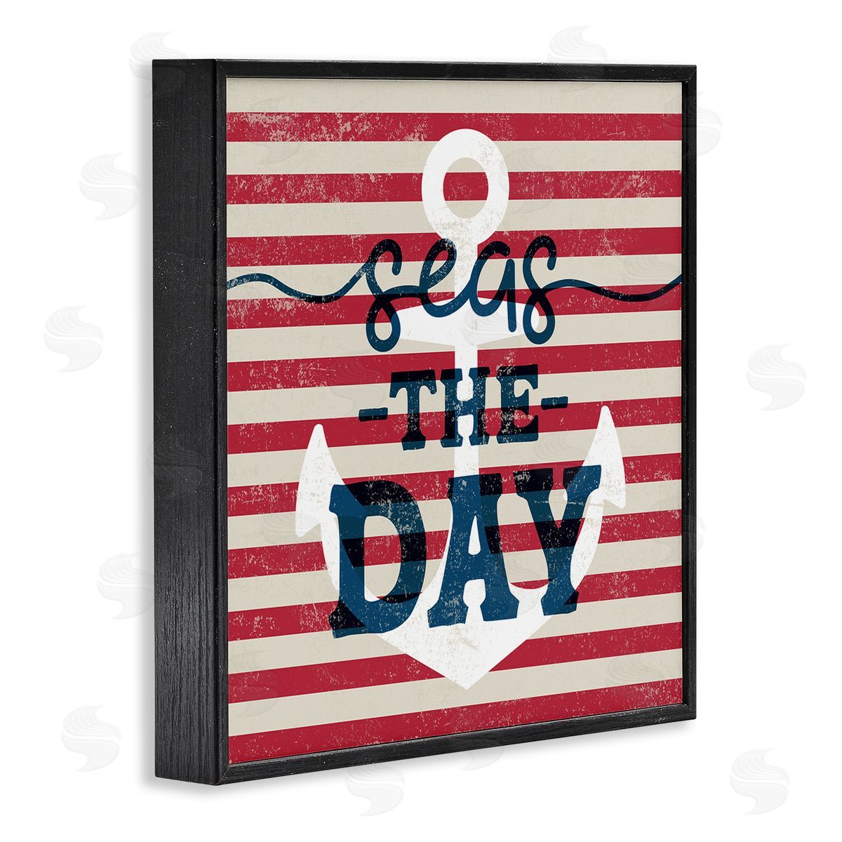 Stupell Studio Seas The Day Americana Anchor & Flag Phrase  Black Framed Glicee Wall Art Print