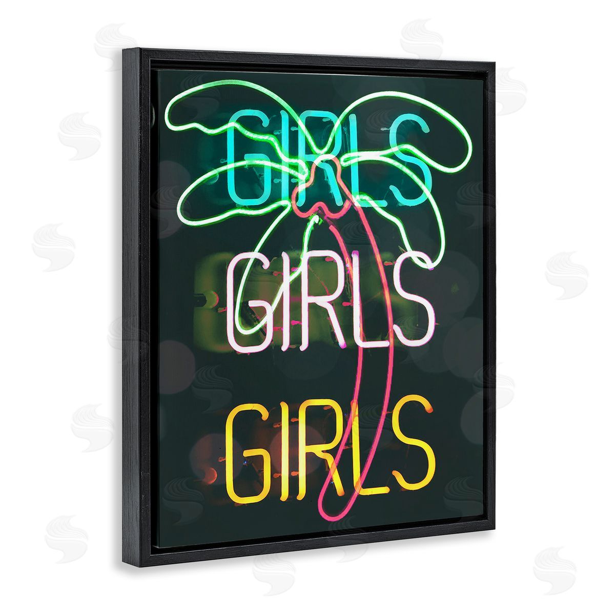 Stupell Studio Girls Neon Palm Tree Tropical Black Floating Frame Canvas Wall Art Print