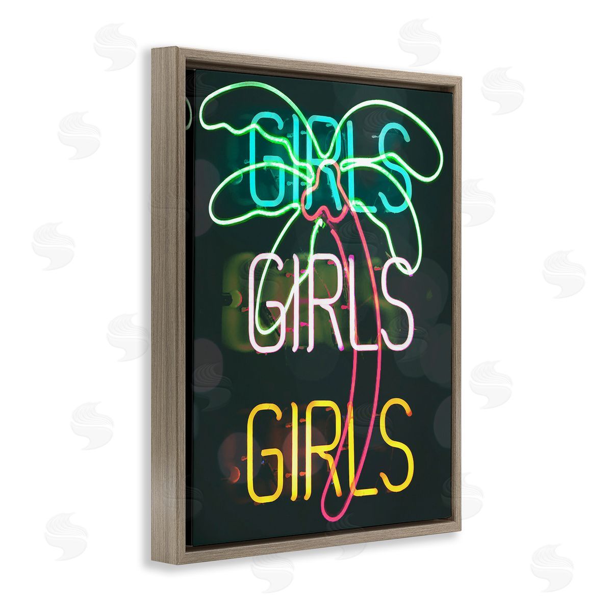 Stupell Studio Girls Neon Palm Tree Tropical Brown Floating Frame Canvas Wall Art Print