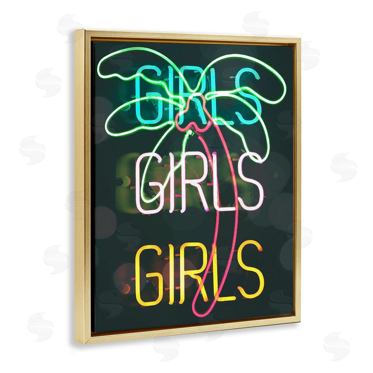 Stupell Studio Girls Neon Palm Tree Tropical Gold Floating Frame Canvas Wall Art Print