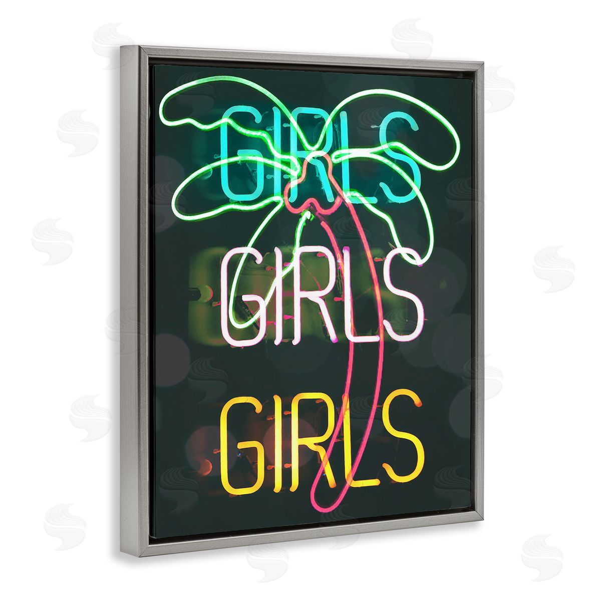 Stupell Studio Girls Neon Palm Tree Tropical Gray Floating Frame Canvas Wall Art Print