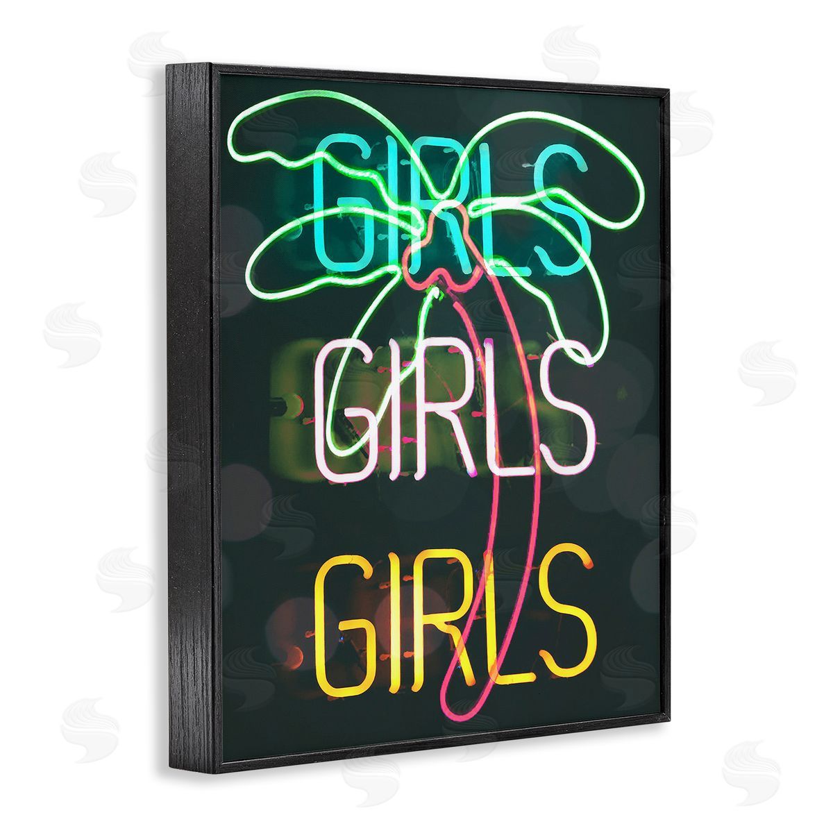 Stupell Studio Girls Neon Palm Tree Tropical Black Framed Giclee Wall Art Print