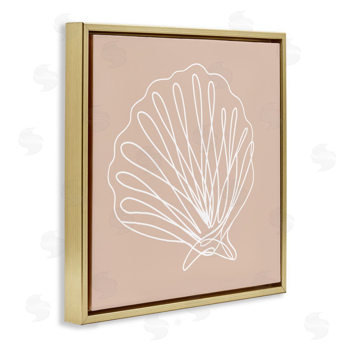 Stupell Studio Clam Shell Squiggle Doodle Tan Sea Life  Gold Floating Frame Canvas Wall Art Print