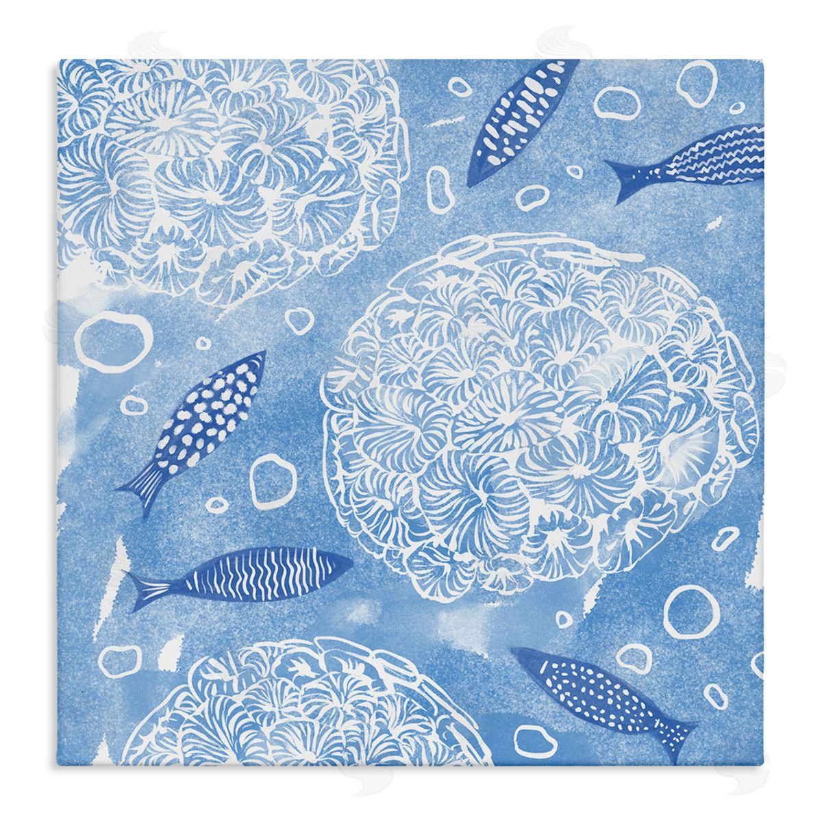 Ziwei Li Fish Swimming Among Sea Life Coral Flowers Bubbles Stretched Canvas Wall Art Print
