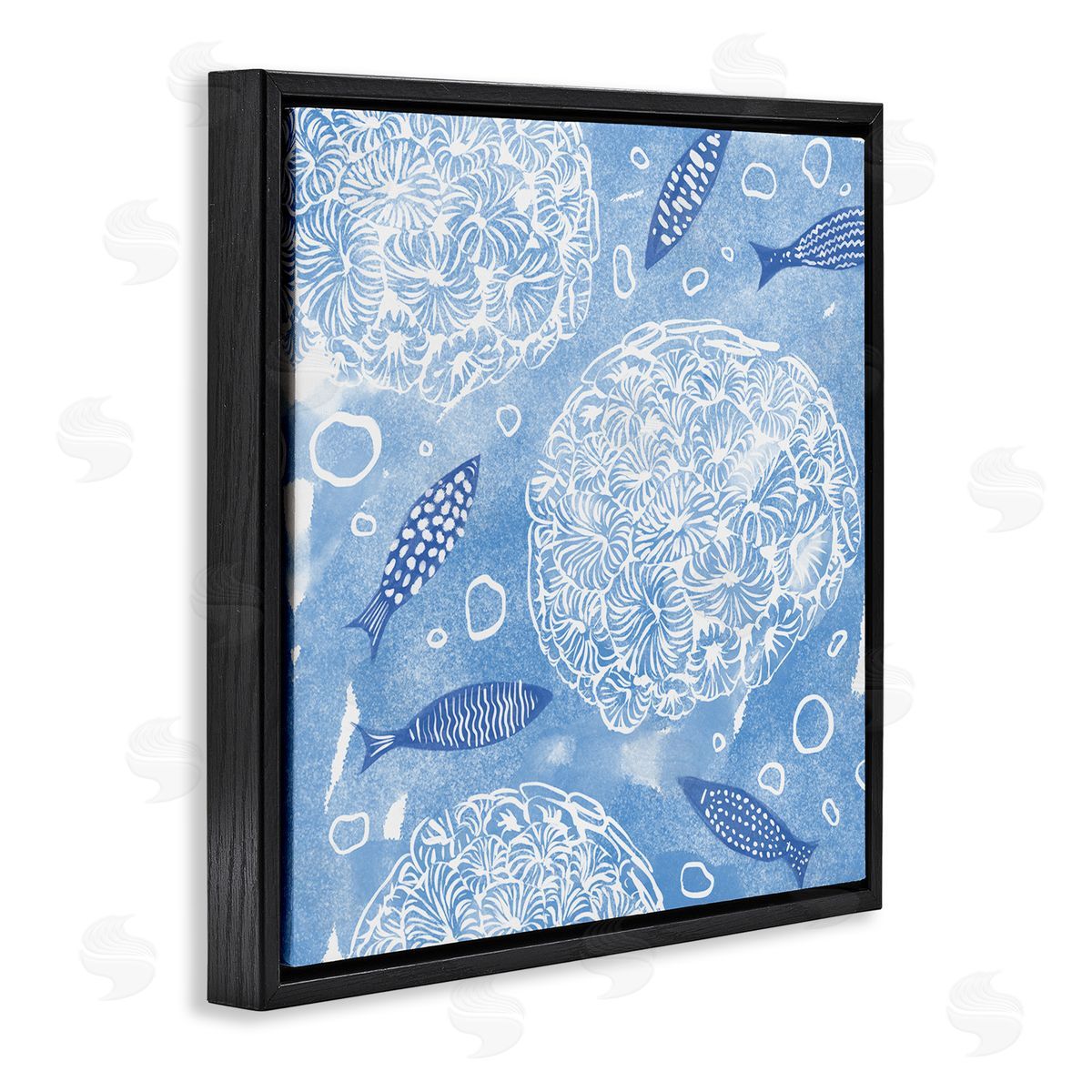 Ziwei Li Fish Swimming Among Sea Life Coral Flowers Bubbles Black Floating Frame Canvas Wall Art Print