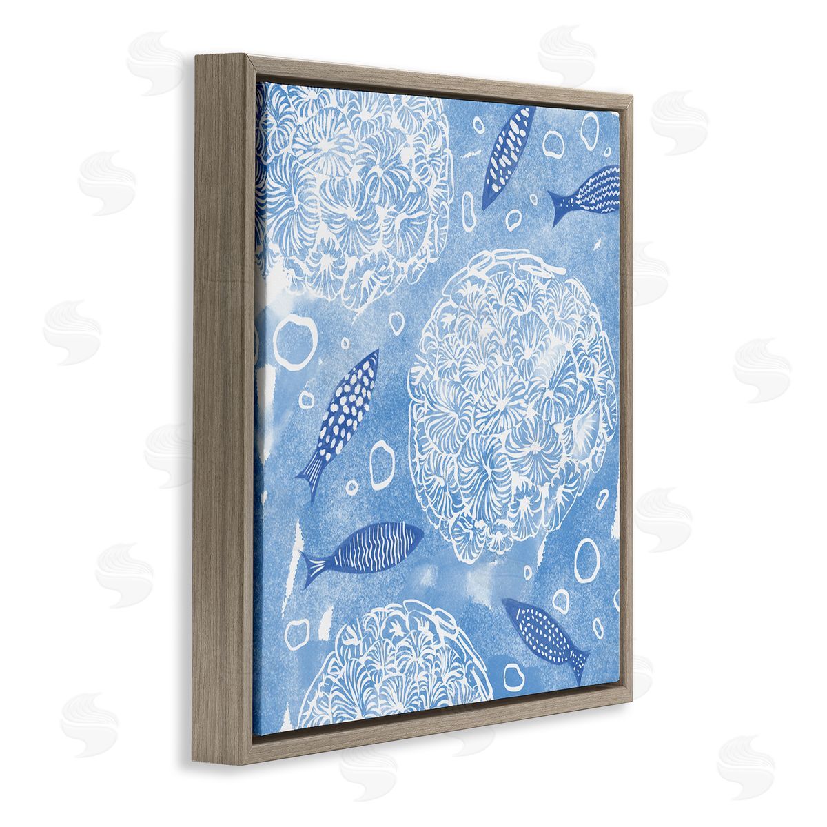 Ziwei Li Fish Swimming Among Sea Life Coral Flowers Bubbles Brown Floating Frame Canvas Wall Art Print
