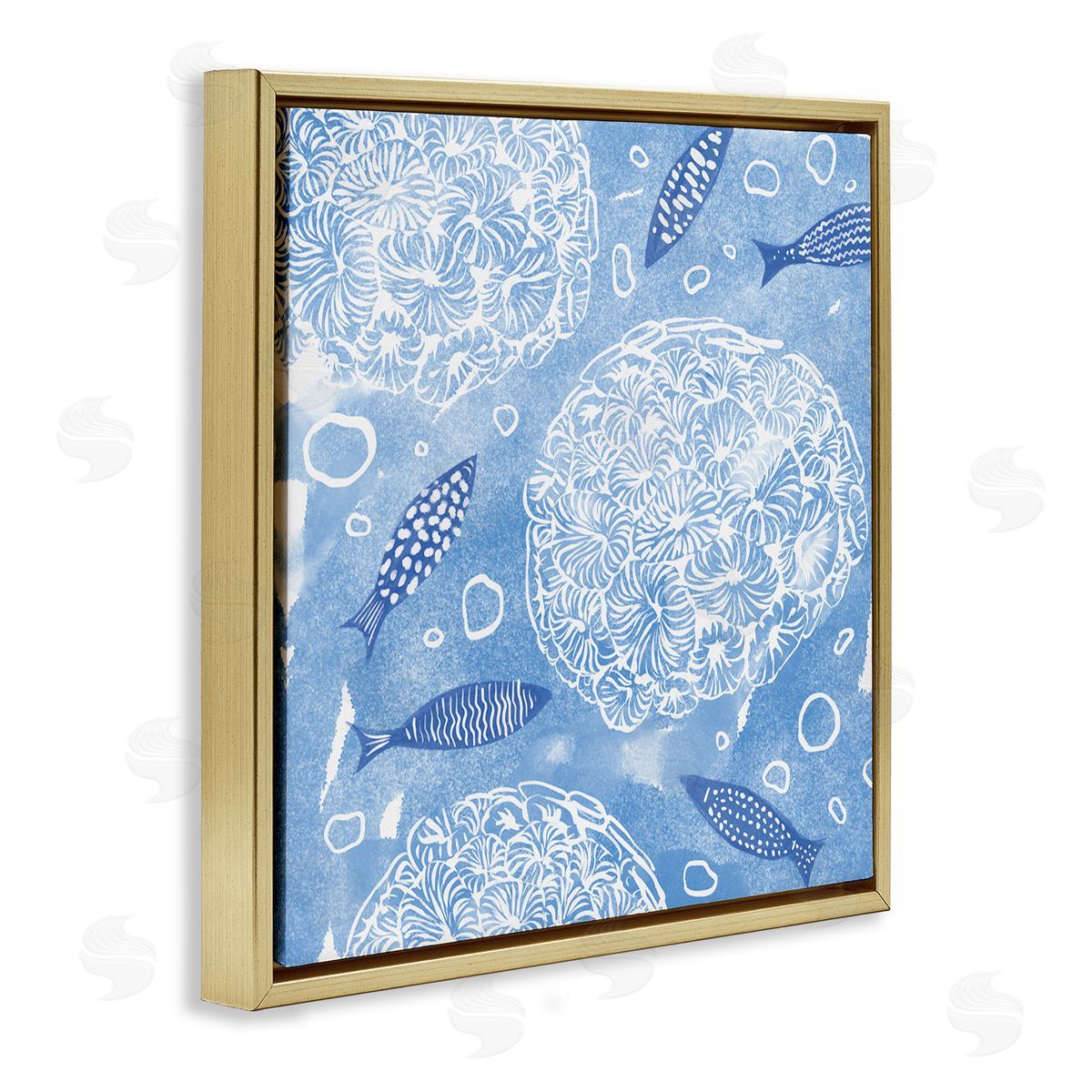 Ziwei Li Fish Swimming Among Sea Life Coral Flowers Bubbles Gold Floating Frame Canvas Wall Art Print
