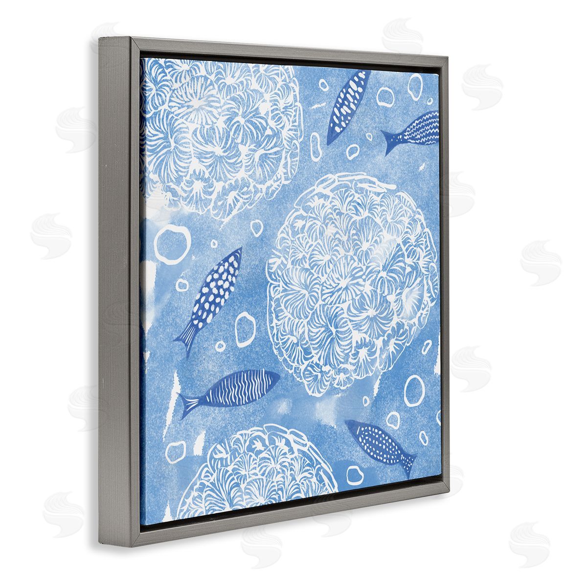 Ziwei Li Fish Swimming Among Sea Life Coral Flowers Bubbles Gray Floating Frame Canvas Wall Art Print