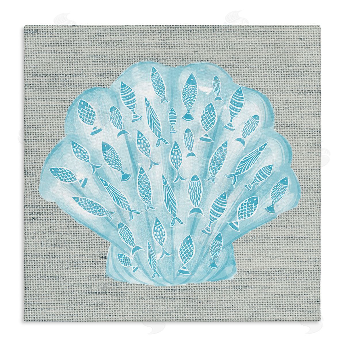 Ziwei Li Blue Clam Shell Patterned Fish Motif Sea Life Stretched Canvas Wall Art Print