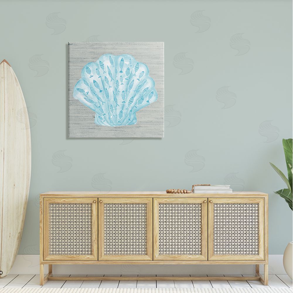 Ziwei Li Blue Clam Shell Patterned Fish Motif Sea Life Canvas Wall Art in Room