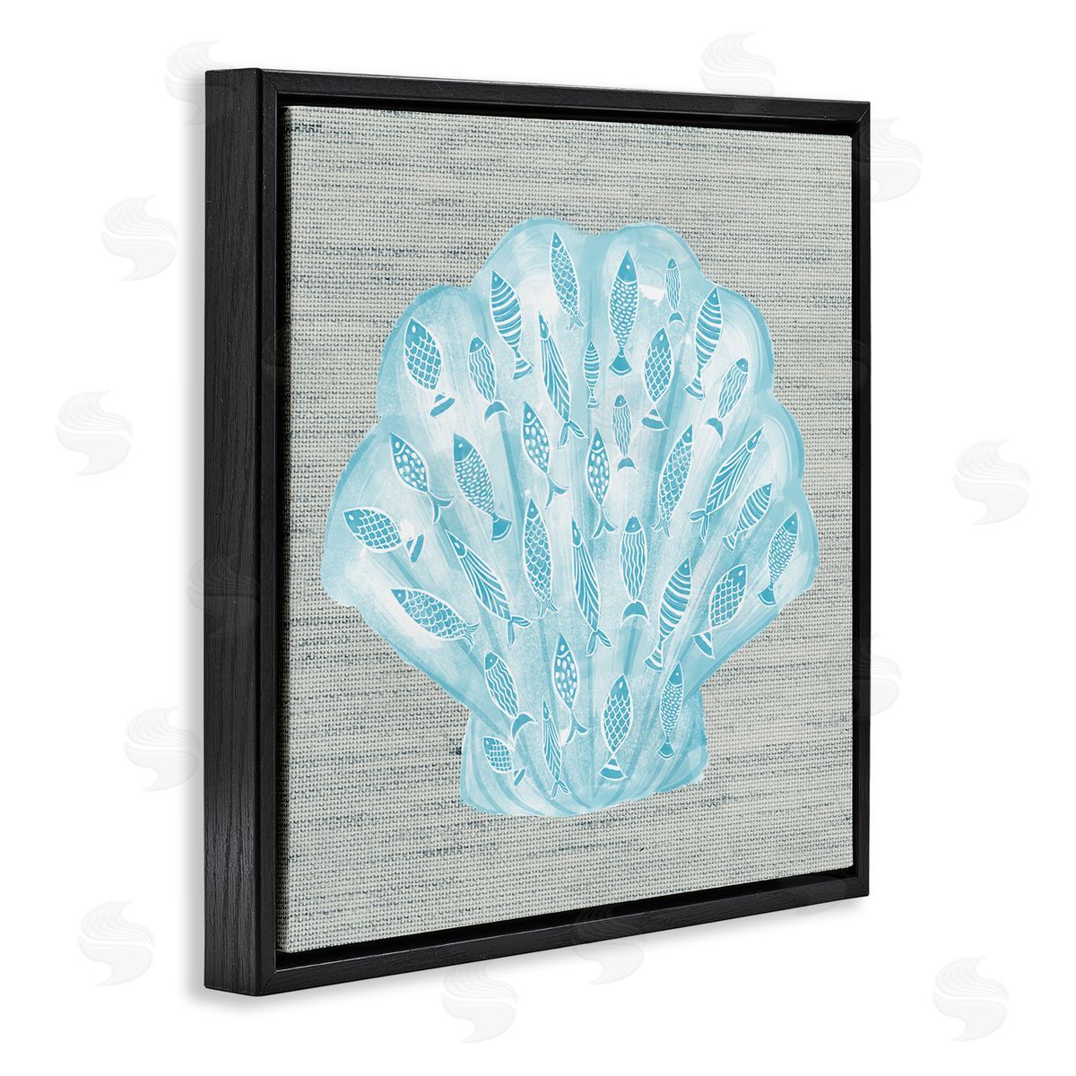 Ziwei Li Blue Clam Shell Patterned Fish Motif Sea Life Black Floating Frame Canvas Wall Art Print