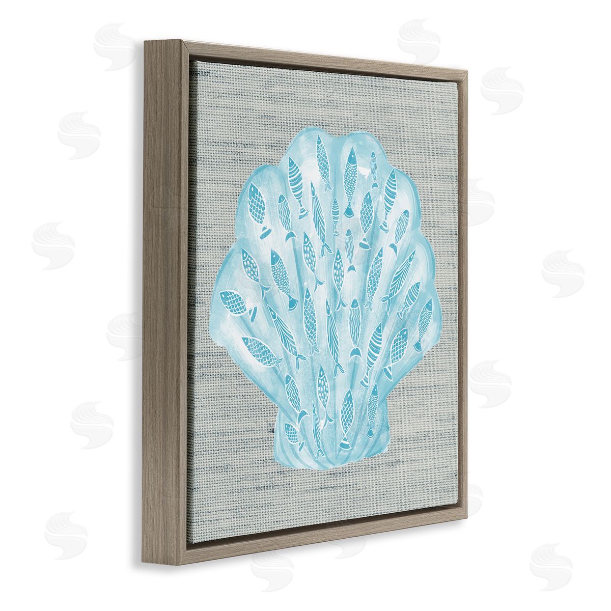 Ziwei Li Blue Clam Shell Patterned Fish Motif Sea Life Brown Floating Frame Canvas Wall Art Print