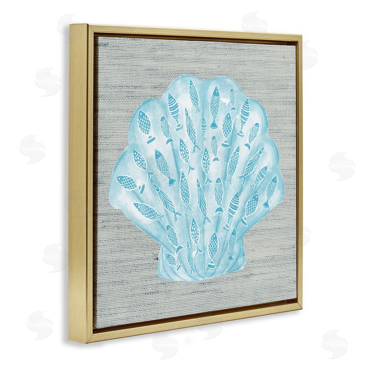 Ziwei Li Blue Clam Shell Patterned Fish Motif Sea Life Gold Floating Frame Canvas Wall Art Print