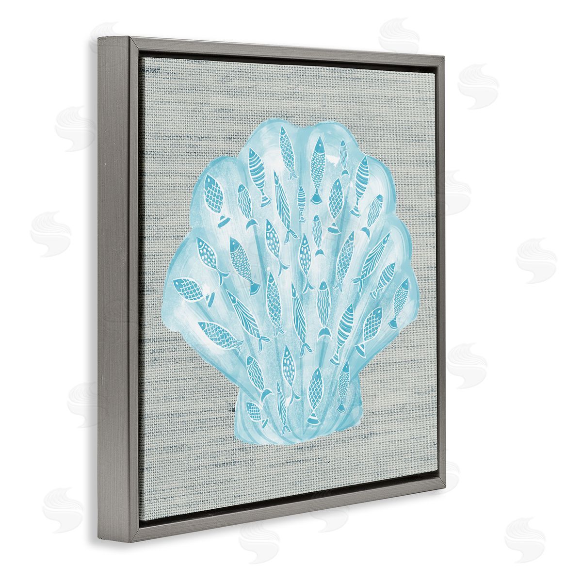 Ziwei Li Blue Clam Shell Patterned Fish Motif Sea Life Gray Floating Frame Canvas Wall Art Print