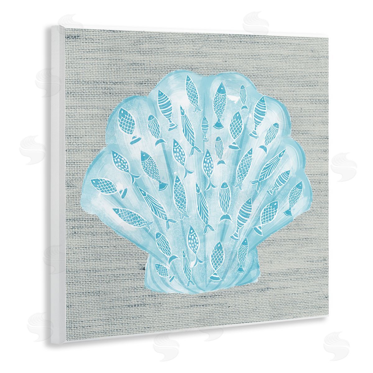 Ziwei Li Blue Clam Shell Patterned Fish Motif Sea Life Wooden Wall Plaque Art Print