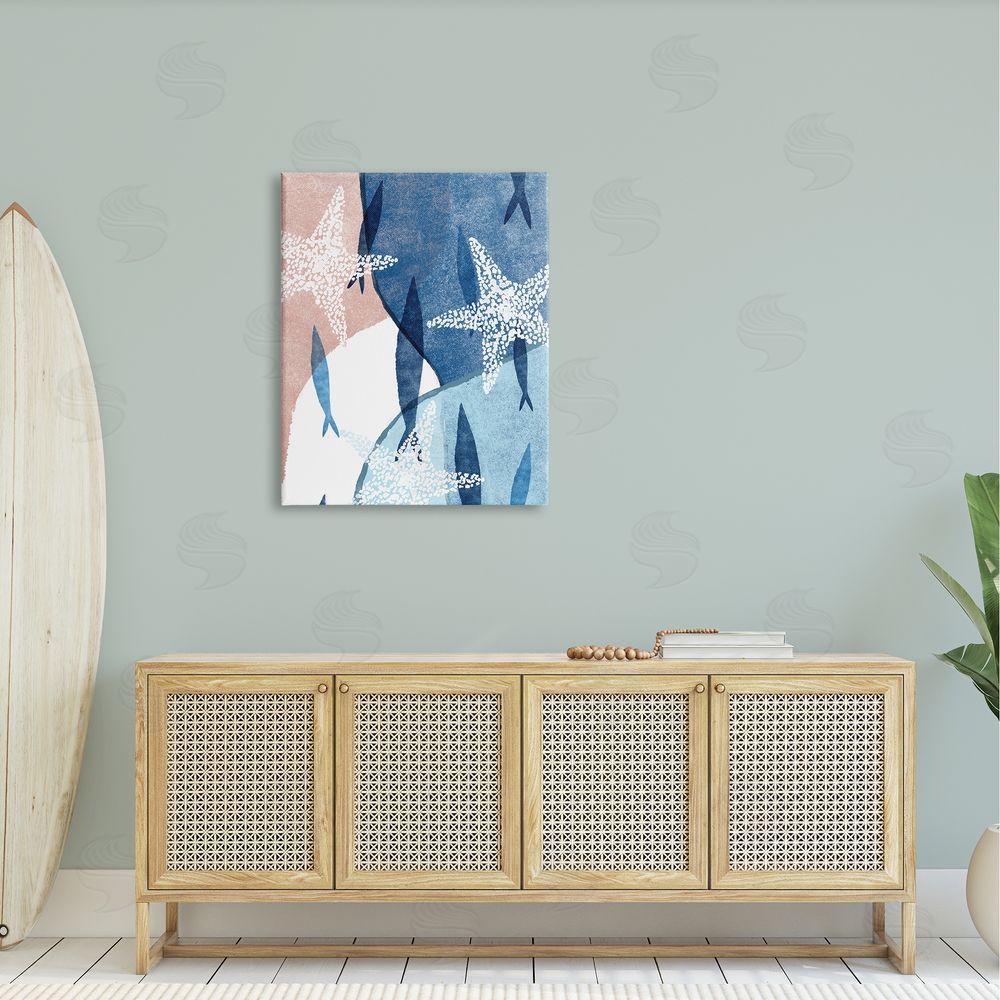 Ziwei Li Abstract Fish Swimming Speckled Starfish Blocked Canvas Wall Art Print in Room