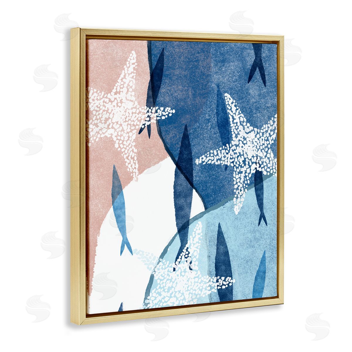 Ziwei Li Abstract Fish Swimming Speckled Starfish Blocked Gold Floating Frame Canvas Wall Art Print