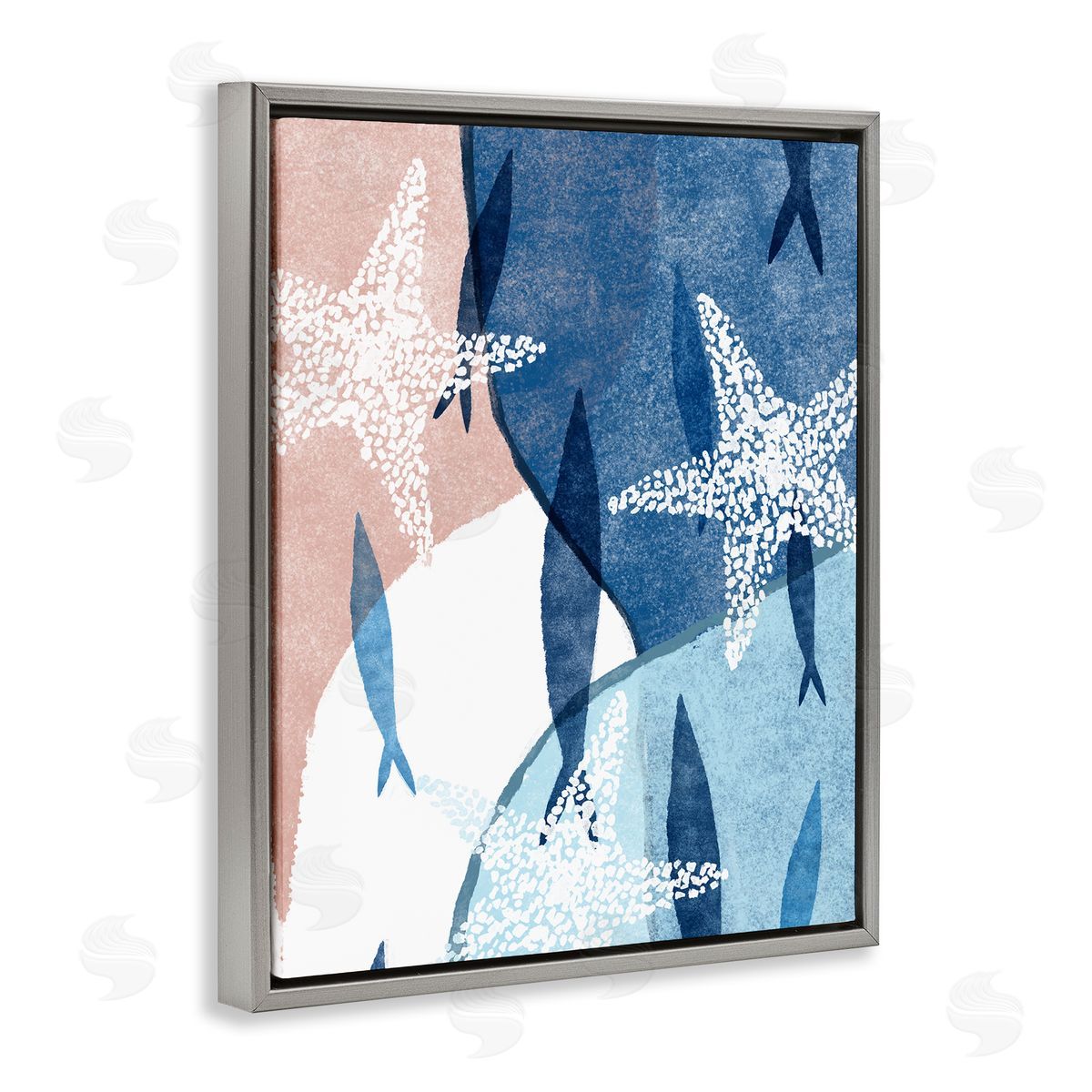 Ziwei Li Abstract Fish Swimming Speckled Starfish Blocked Gray Floating Frame Canvas Wall Art Print
