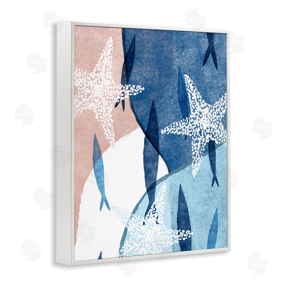 Ziwei Li Abstract Fish Swimming Speckled Starfish Blocked White Framed Giclee Wall Art Print