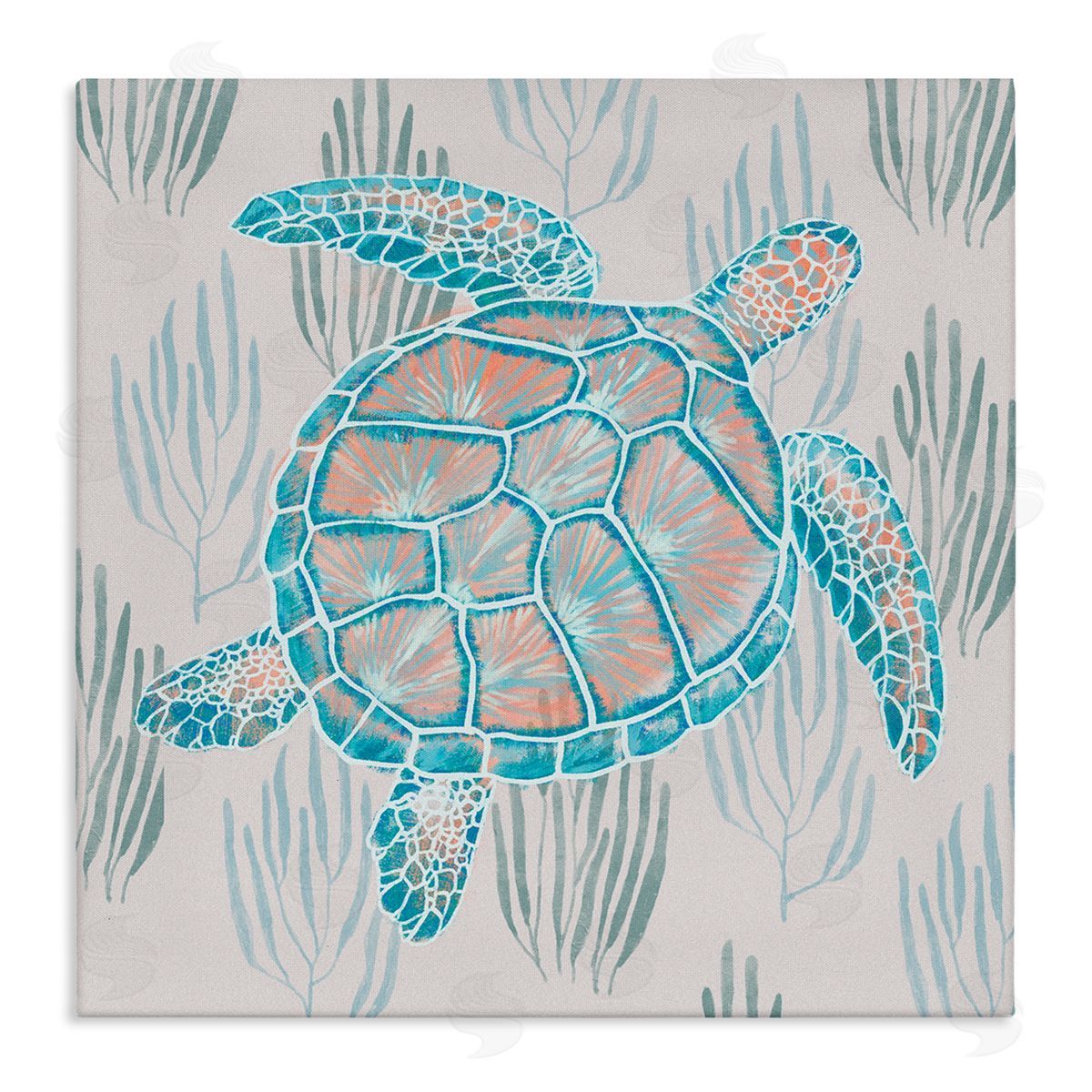 Ziwei Li Sea Turtle Among Ocean Grasses Blue Orange Detail Stretched Canvas Wall Art Print
